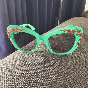 Mint Green Cat-Eye Sunglasses with Floral Accents